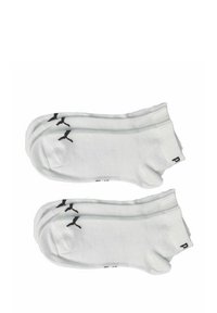Weiße Knöchelsocken mit einem schwarzen Logo, aus einer weichen Baumwollmischung hergestellt, mit einem gerippten Bündchen und glatter Textur. Zwei Paare dargestellt.
