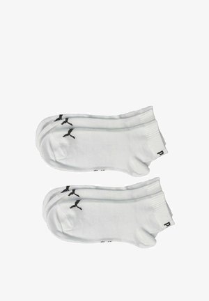 Weiße Knöchelsocken mit einem schwarzen Logo, aus einer weichen Baumwollmischung hergestellt, mit einem gerippten Bündchen und glatter Textur. Zwei Paare dargestellt.