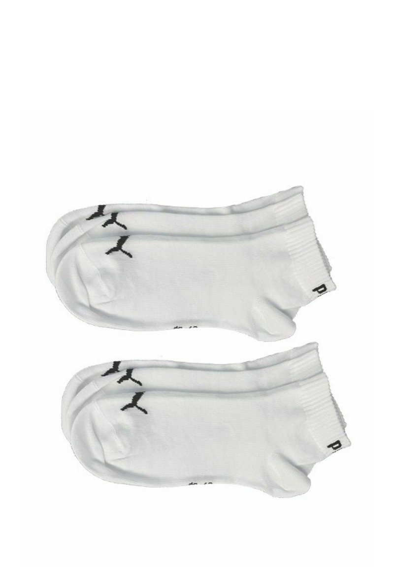 Weiße Knöchelsocken mit einem schwarzen Logo, aus einer weichen Baumwollmischung hergestellt, mit einem gerippten Bündchen und glatter Textur. Zwei Paare dargestellt.