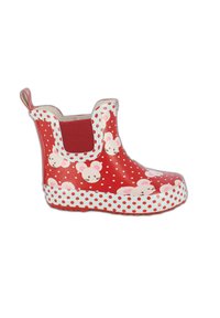 Botte de pluie en caoutchouc rouge avec des pois blancs et des motifs de souris, des panneaux latéraux élastiques et une semelle texturée pour une meilleure adhérence.