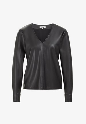 Haut long à manches en cuir noir avec un décolleté en V. Dispose de manches ajustées, d'une texture lisse et d'une couture verticale à l'avant.