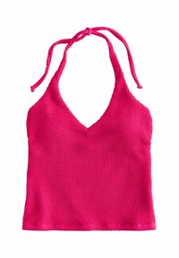 Top à col halter de couleur rose vif, texture tricotée avec un décolleté plongeant en V. Liens au cou pour un ajustement réglable et une silhouette décontractée.