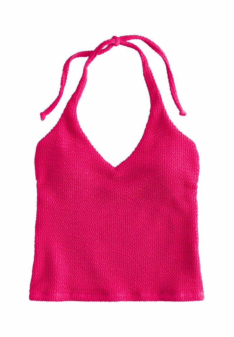 Top à col halter de couleur rose vif, texture tricotée avec un décolleté plongeant en V. Liens au cou pour un ajustement réglable et une silhouette décontractée.