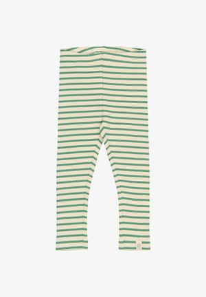 Zöld és krémszínű csíkos leggings ribbed anyagból, rugalmas derékkal és egy kis címkével az alsó jobb oldalon.