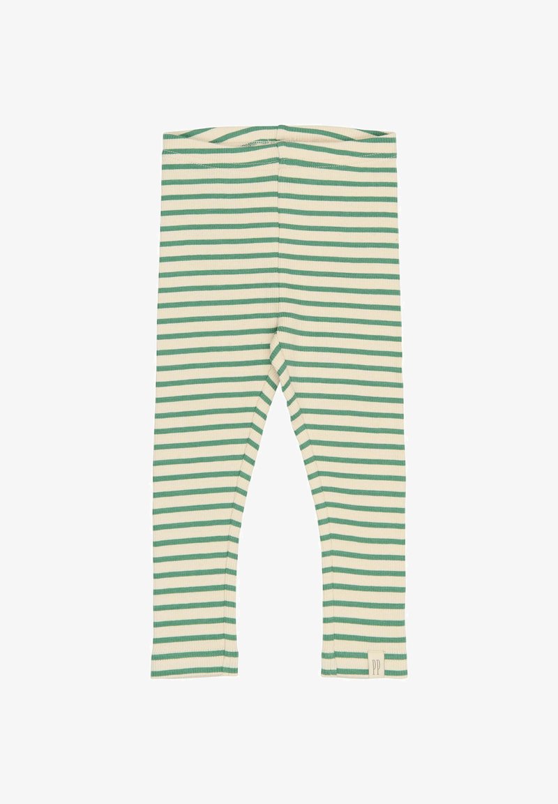 Žali ir smėlio spalvos dryžuoti leggingai, pagaminti iš raukšlių audinio, su elastinga liemene ir maža etiketė apačioje dešinėje pusėje.