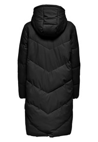 Black puffer coat with a hood, featuring chevron quilted design, smooth texture, and mid-length cut, suitable for cold weather.
