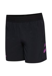 Shorts de bain noirs avec une texture lisse, une taille élastique et trois bandes diagonales violettes du côté gauche.