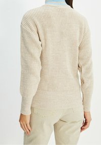 Beige Strickpullover mit strukturiertem Muster, ausgestattet mit einem blauen gerippten Kragen und eng anliegenden Manschetten. Trägt man mit hellen Hosen.