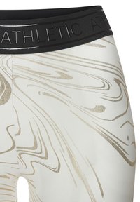 Athletic leggings with a textured black waistband, featuring a white base and glossy gold marbled patterns. Close-up view of details.