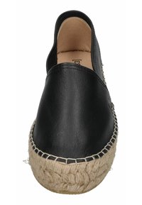 Black slip-on espadrille with a smooth leather upper and a jute-wrapped sole, featuring stitching detail around the sole's perimeter.