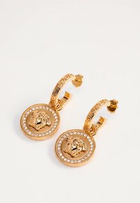 Gold hoop earrings with circular pendants featuring a lion head relief surrounded by small clear crystals on a white background.