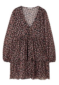 Robe noire à fleurs avec un col en V, des manches longues et un design à volants échelonnés. Elle présente de petits boutons le long de l'encolure et une texture légère.