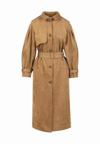 Trench-coat en daim beige avec fermeture à boutons, taille ceinturée, manches longues bouffantes, patte d'épaule et détails de sangle aux poignets.