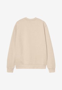 Sudadera de cuello redondo beige, fabricada en un tejido suave, con puños y dobladillo acanalados, corte ligeramente oversized, sin logotipos ni patrones visibles, diseño de espalda liso.