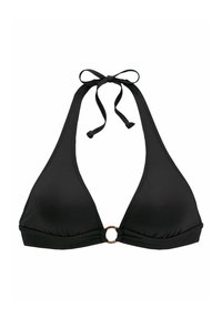 Zwarte bikini top met een halternekontwerp, voorzien van een gouden accentring in het midden en strikjes voor een verstelbare pasvorm. Glad stoftextuur.