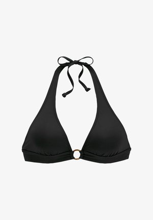 Schwarzer Bikini-Oberteil mit einem Halterhals-Design, das einen goldenen Akzent-Ring in der Mitte und Bänder für eine verstellbare Passform aufweist. Glatte Stofftextur.