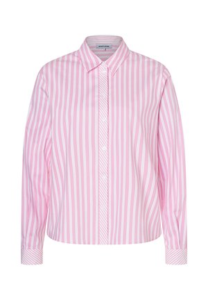 Roze-wit gestreept overhemd met knopen, een kraag, lange mouwen en een gebogen zoom. Gemaakt van gladde stof met een eigentijdse snit.
