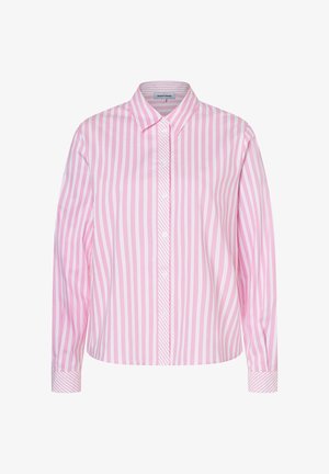 Roze-wit gestreept overhemd met knopen, een kraag, lange mouwen en een gebogen zoom. Gemaakt van gladde stof met een eigentijdse snit.