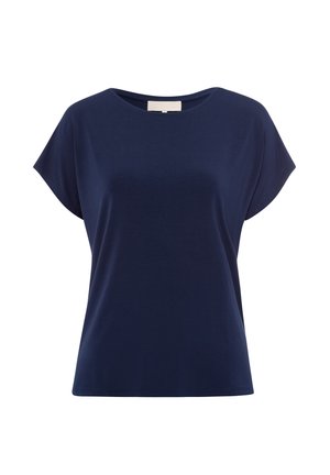 Marineblaues Kurzarm-T-Shirt mit rundem Halsausschnitt, aus weichem Stoff gefertigt, mit entspannter Passform und glatter Textur.