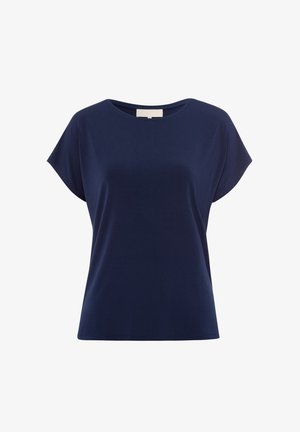 Námořnická modrá krátký rukáv tričko s kulatým výstřihem, vyrobené z měkké látky, s volným střihem a hladkou texturou.