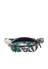 Fanny pack in green, beige, and black camo pattern; features a black zipper pocket and adjustable strap; made from durable fabric.