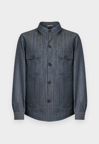 Sötétszürke, hosszú ujjú, gombos dzseki két első zsebfedővel, fekete gombokkal és hegyes gallérral.