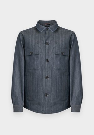 Long-sleeve dark gray button-up shirt jacket with two front flap pockets, black buttons, and a pointed collar.