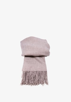 Sciarpa di lana beige con bordi frangiati, caratterizzata da una texture morbida e un aspetto leggermente melangiato, ripiegata ordinatamente al centro.