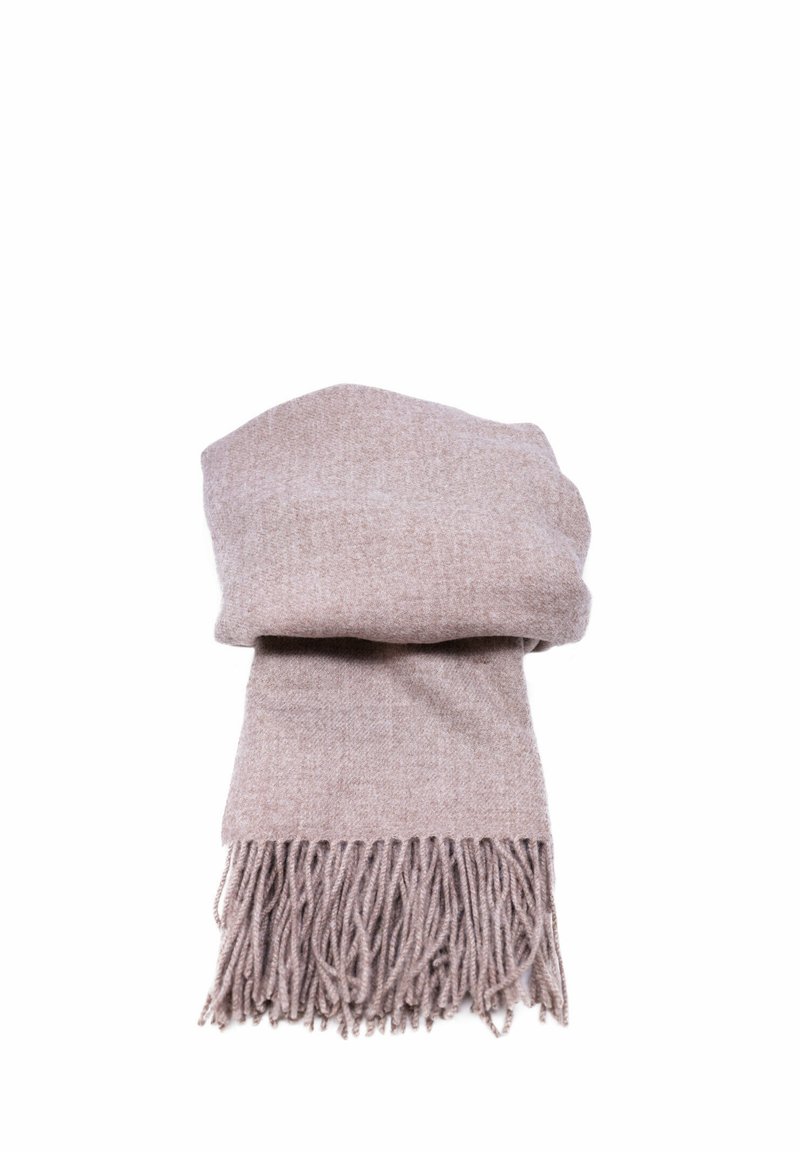 Sciarpa di lana beige con bordi frangiati, caratterizzata da una texture morbida e un aspetto leggermente melangiato, ripiegata ordinatamente al centro.