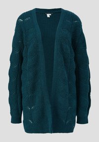 Teal strikket cardigan med løs pasform, der har bølgemønstre, en dyb V-hals og ribbede manchetter. Åben front design, struktureret stof.