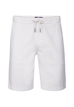 Weiße Baumwollshorts mit einem Kordelzugbund, die eine glatte Textur, einen geraden Schnitt und dezente Nähte aufweisen.