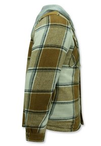 Bruine en beige geruite shirtjack met een grijze capuchon, met flanellen textuur, lange mouwen en een knoopsluiting bij de manchetten.