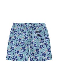 Costumi da bagno da uomo in azzurro chiaro con motivo floreale blu navy, fascia elastica in vita e una piccola etichetta del marchio sul lato. Tessuto leggero.
