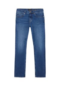 Niebieskie dżinsy z denimu o prostym kroju nogawki, średnim stanie, konstrukcją z pięcioma kieszeniami oraz kontrastowymi szwami.