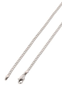 Cadena de metal plateado con eslabones entrelazados, textura suave y un broche de langosta en un extremo. La longitud no está especificada.