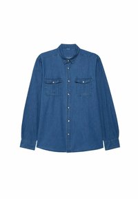 Camicia di denim blu medio con maniche lunghe, chiusura frontale con bottoni, due tasche sul petto e un colletto classico con una finitura texturizzata.
