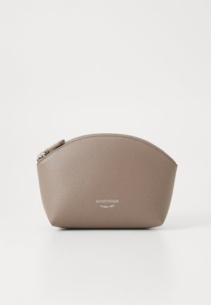 Brown textured leather pouch with rounded shape, silver zipper, and embossed brand logo on the front. Simple and compact design.