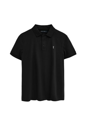Schwarzes, kurzärmeliges Poloshirt mit Kragen, drei Knöpfen und kleinem weißen gestickten Figurenlogo auf der linken Brust.
