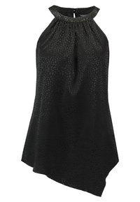 Svart halterneck-top med ett strukturerat mönster, asymmetrisk nederkant, plisserad halsringning och bakstängning. Tillverkad av ett lätt tyg.