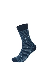 Calzino blu navy con un motivo geometrico e accenti azzurri. Cuffia elasticizzata e punta rinforzata. Realizzato in un materiale morbido e elastico.