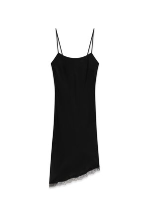 Robe nuisette noire sans manches avec bretelles fines et ourlet en dentelle asymétrique, présentée sur fond blanc.