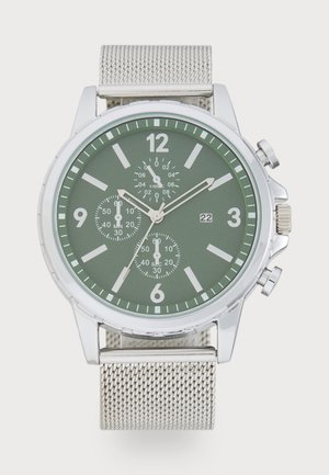 Silver metal watch with a green dial, white hour markers, and chronograph subdials. Features a silver mesh strap and date display.