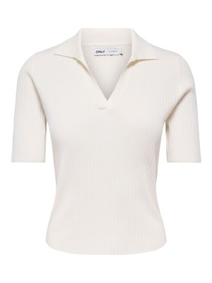 Valkoinen ribbineulottu lyhythihainen toppi, jossa V-pääntie ja avoin kaulus, pehmeästä kankaasta valmistettu istuva siluetti.