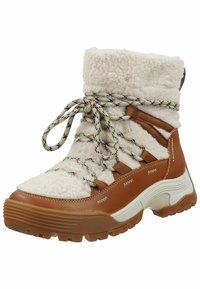 Botas impermeables marrones y crema con tela esponjosa, un diseño con cordones y cordones con patrón, y una suela de goma texturizada para una mejor tracción.