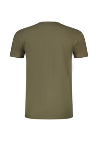 Απλό κοντομάνικο T-shirt σε ελιά πράσινο χρώμα, εμφανιζόμενο από πίσω, με στρογγυλή λαιμόκοψη και απλή ραφή.