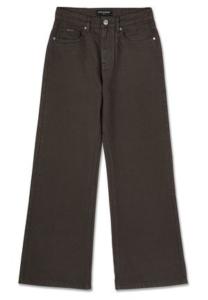 Široké tmavě hnědé džíny vyrobené z bavlny. Mají standardní kapsy a kovové zapínání, s jemnými švy.
