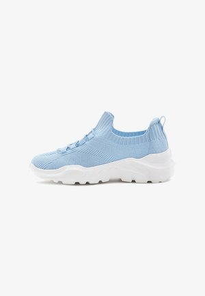 Light blue knitted sneaker, featuring a ribbed collar, textured upper, lace-free design, and a thick white rubber sole.