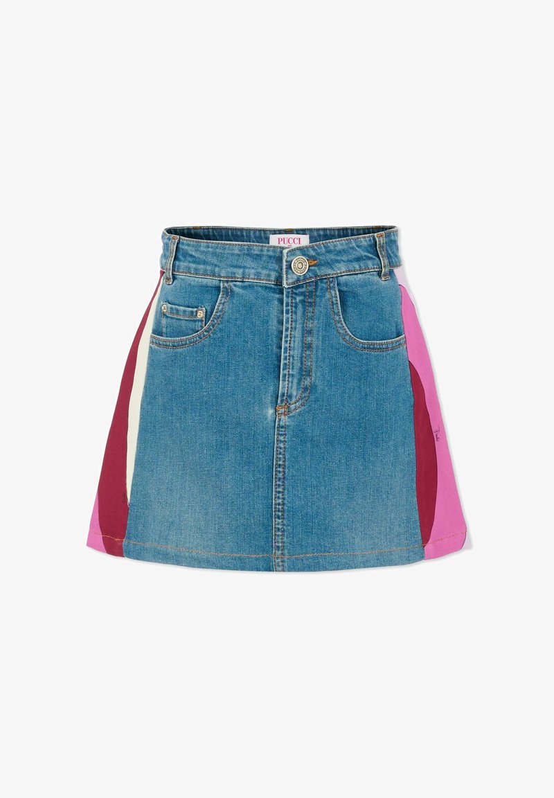 Gonna mini in denim con tasche frontali, chiusura con bottoni e pannelli color block nei colori rosa, rosso e bianco sui lati.