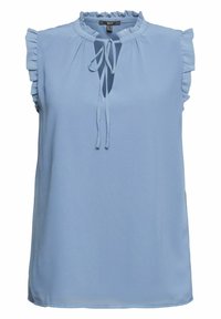 Vaaleansininen hihaton paita sileästä kankaasta. Rypytetyillä yksityiskohtilla olkapäillä ja avorakenteinen kaulus, jossa solmionauhat edessä.