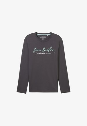 Langærmet mørkegrå bomulds t-shirt med rund hals og trykt branding i lys blå, der indeholder tekst og en afslappet pasform.